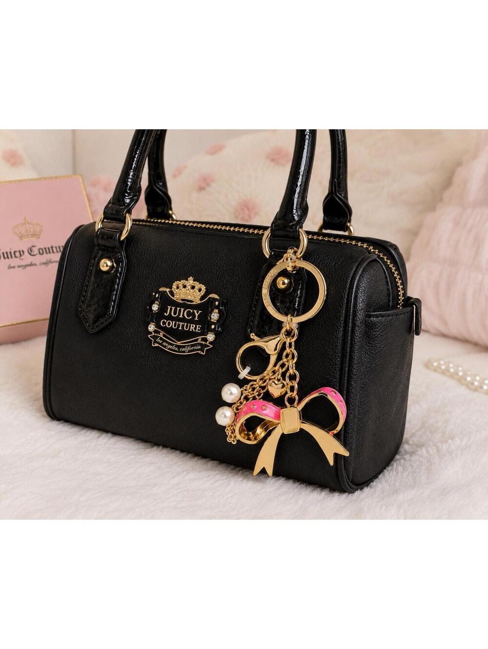 Juicy Couture Pink Bow Pearl Heart Bag Charm Keychain Gold Tone NWT Y2K - Picture 4 of 4